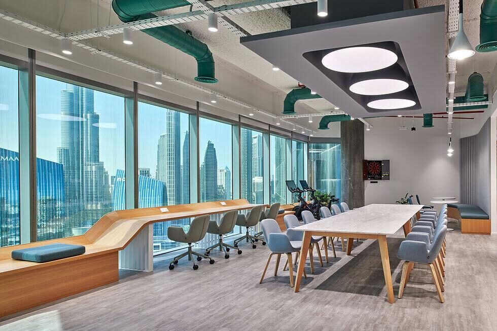 Modern SMR office lounge with a city skyline view